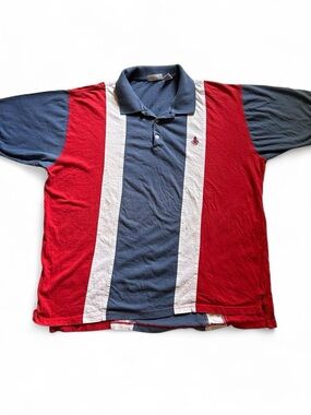 Vintage 1990s Men's King Size Blue and Red Panel Polo Shirt XXL